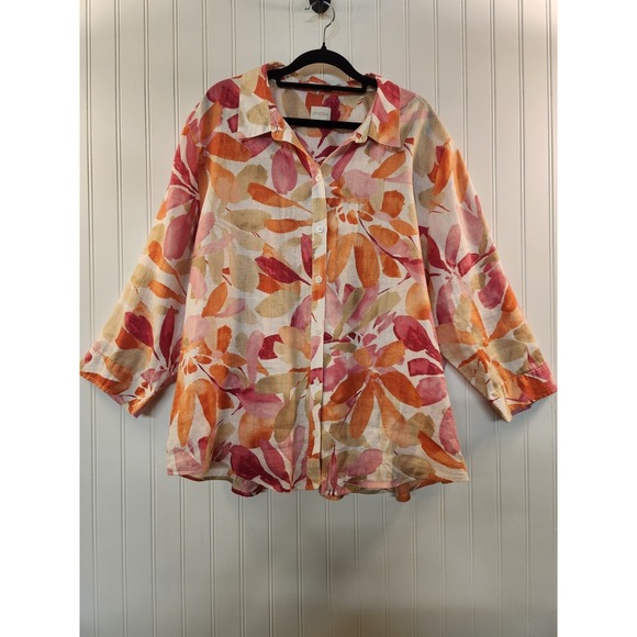 Chico's Tops - Chico Women's Orange Floral Linen Button-Up Shirt Size 2XL 3/4‎ Sleeve Summer